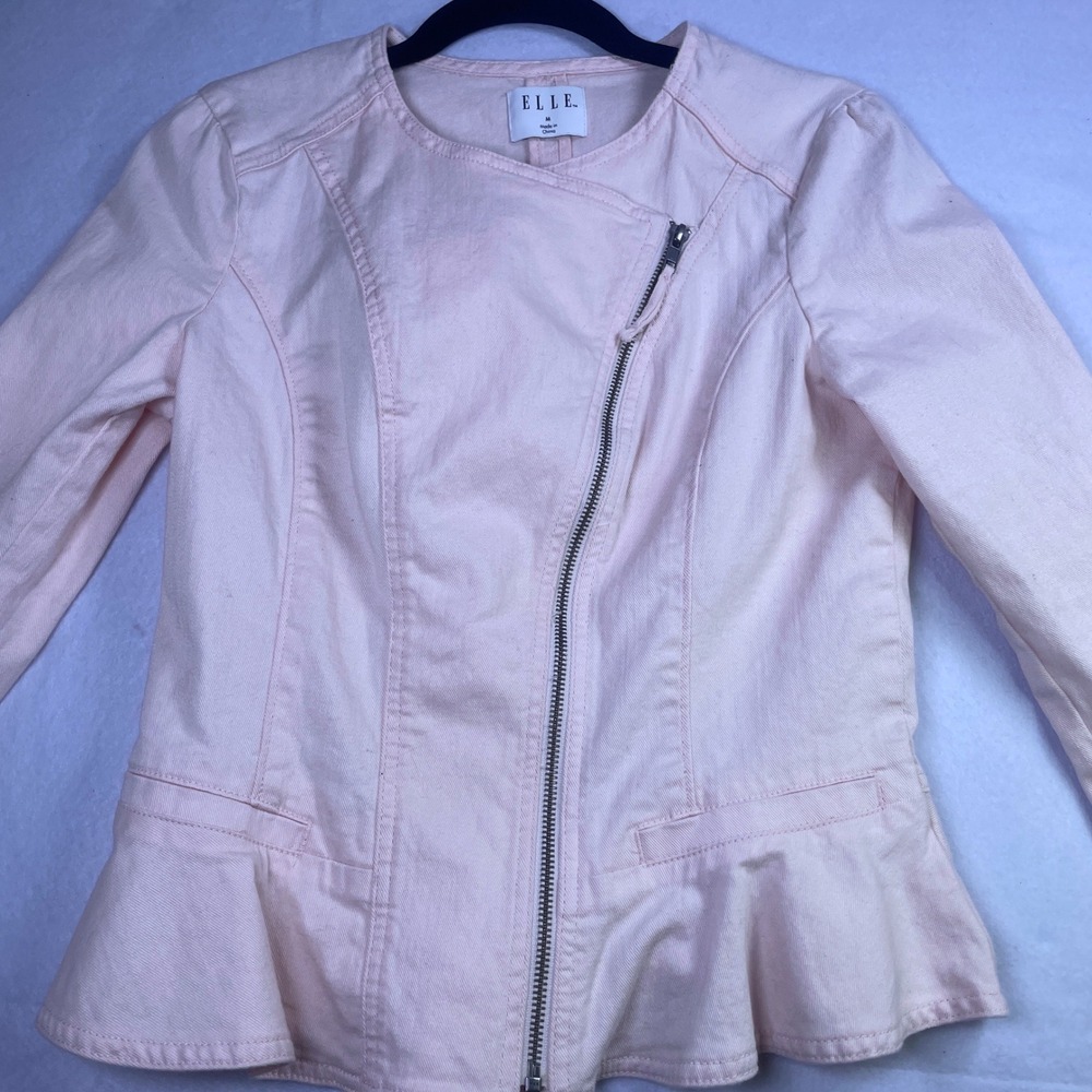 Elle Womens Pink Denim Moto Jacket Peplum Hem Asymmetric Zip Size Medium - Picture 1 of 8
